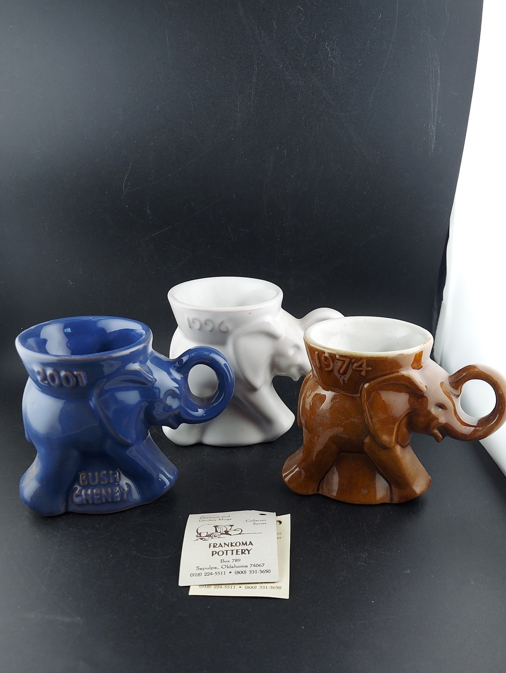 Frankoma Elephant-Shaped Mugs in Blue White and Brown Set Of 3